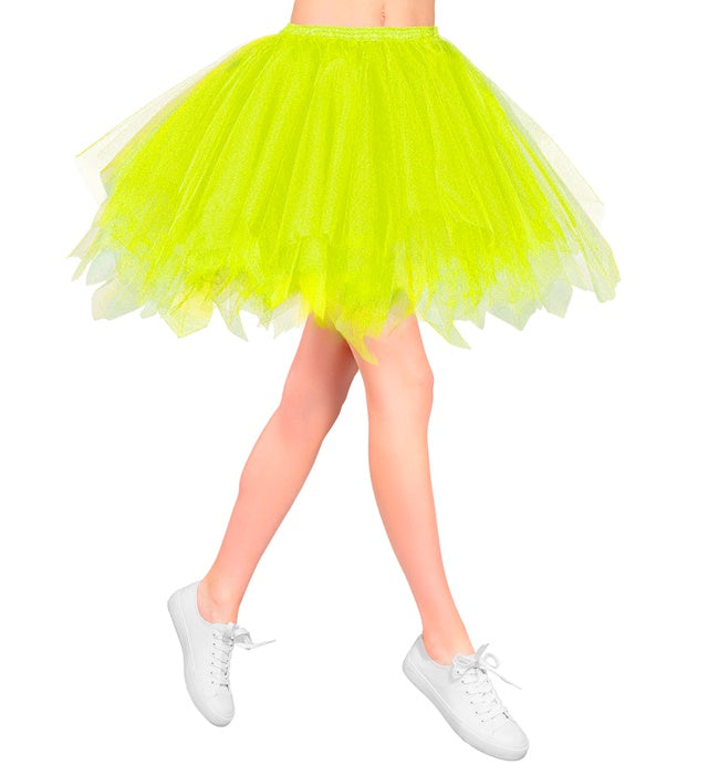 Neon gelbes Tutu mit Innentasche für LED-Lichter auf weißem Hintergrund