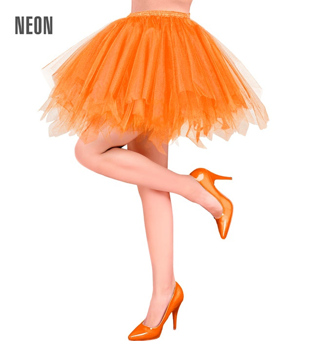 Neon orangefarbenes Tutu mit Innentasche für LED-Lichter auf weißem Hintergrund