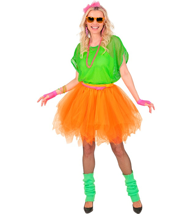 Neon orangefarbenes Tutu mit Innentasche für LED-Lichter auf weißem Hintergrund