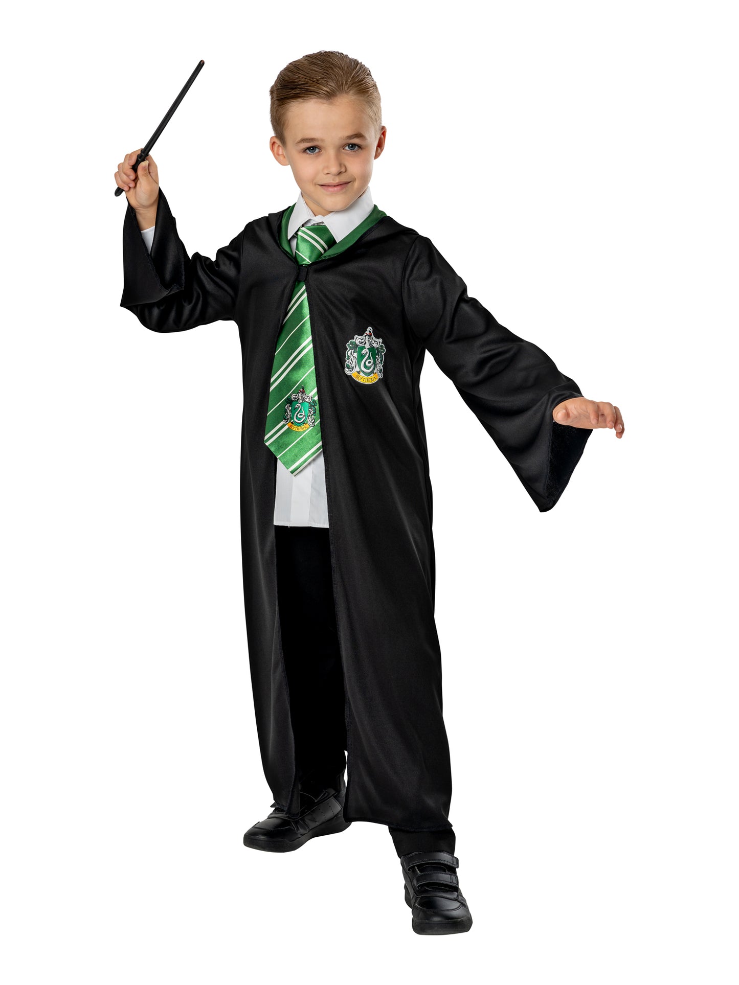 Rubies Draco Malfoy Slytherin Kinderkostüm mit Robe, Krawatte und Zauberstab – Produktansicht