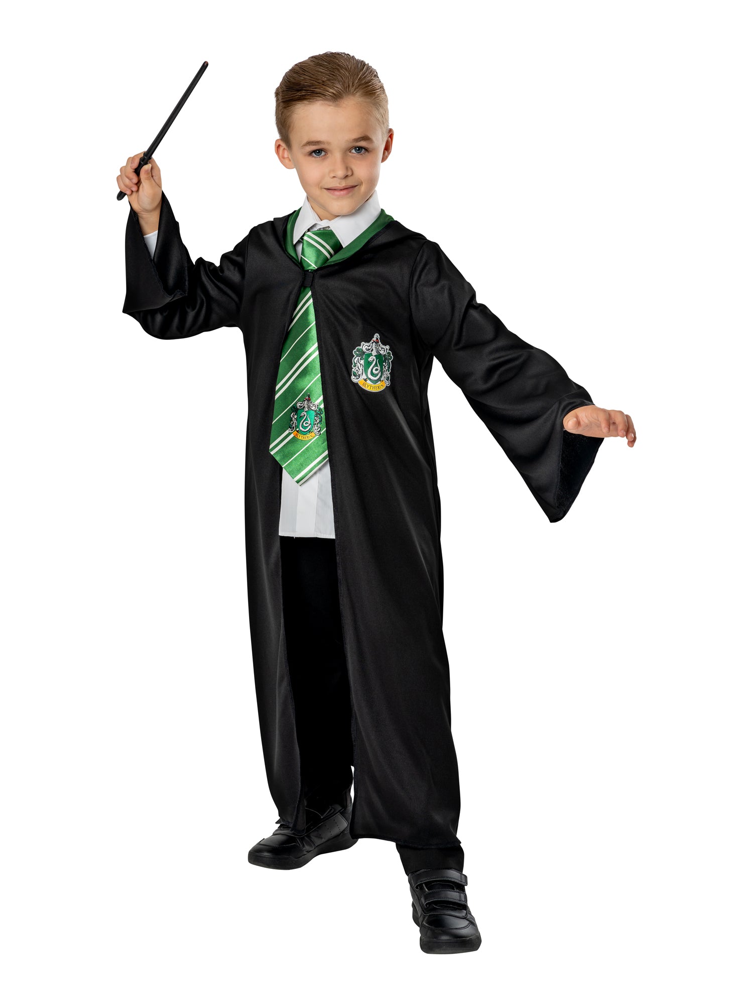 Rubies Draco Malfoy Slytherin Kinderkostüm mit Robe, Krawatte und Zauberstab – Produktansicht