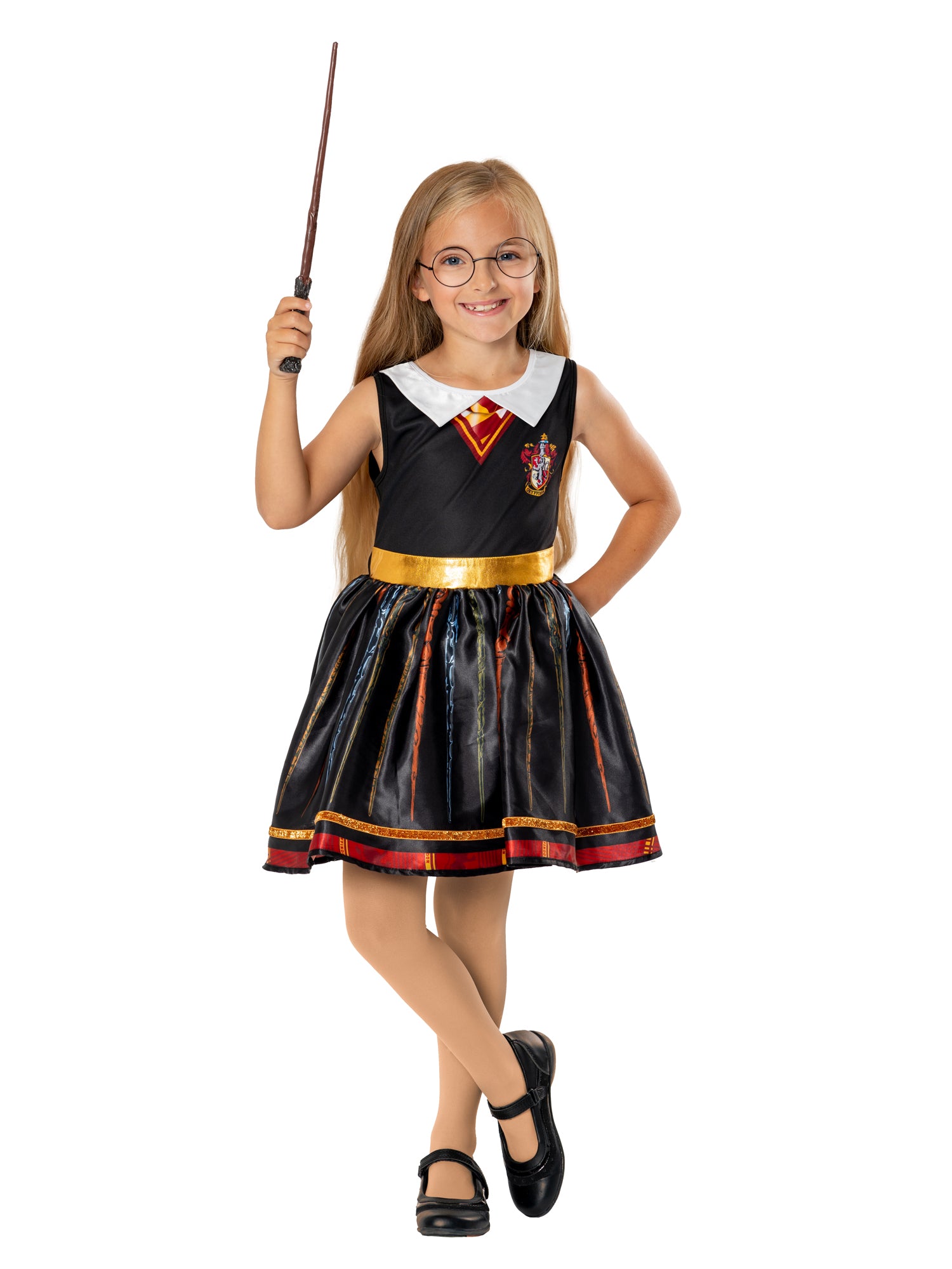 Rubies Harry Potter Hermione Kinderkostüm Gryffindor-Kleid mit Zauberstab-Motiv – Detailansicht