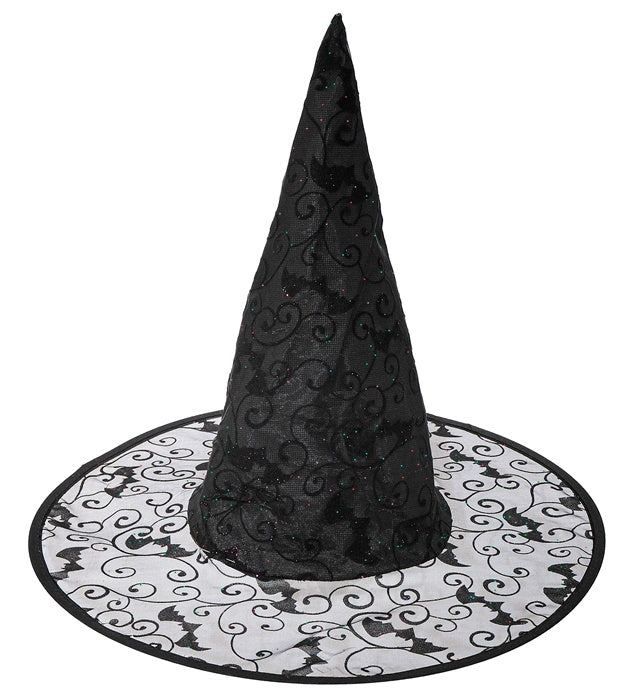 Schwarzer Hexenhut mit Fledermaus-Applikationen für Fasnacht und Halloween