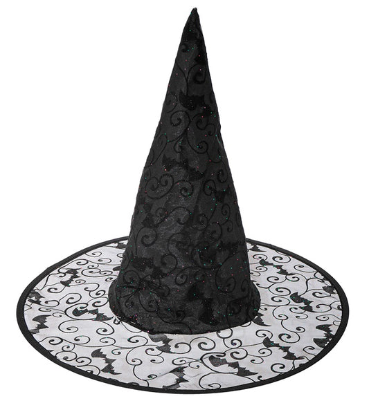 Schwarzer Hexenhut mit Fledermaus-Applikationen für Fasnacht und Halloween