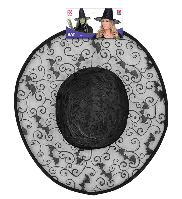 Schwarzer Hexenhut mit Fledermaus-Applikationen für Fasnacht und Halloween