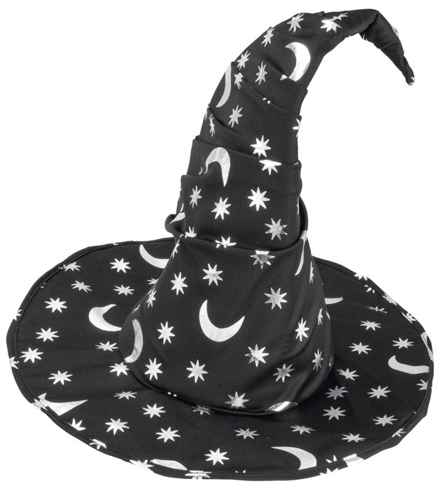 Kinder-Zauberhut mit silbernen Mond- und Sternenmotiven für Fasnacht und Halloween