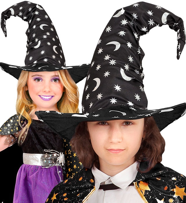 Kinder-Zauberhut mit silbernen Mond- und Sternenmotiven für Fasnacht und Halloween