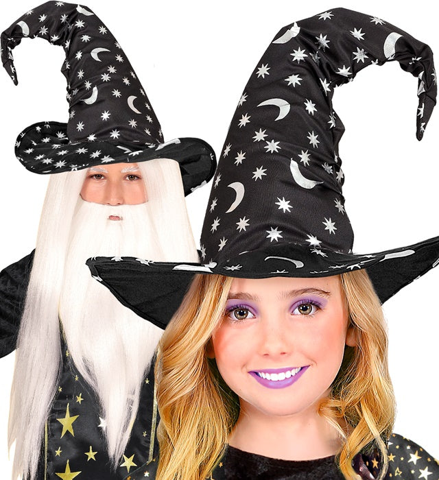Kinder-Zauberhut mit silbernen Mond- und Sternenmotiven für Fasnacht und Halloween
