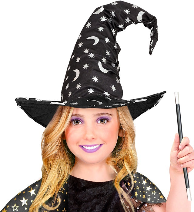 Kinder-Zauberhut mit silbernen Mond- und Sternenmotiven für Fasnacht und Halloween