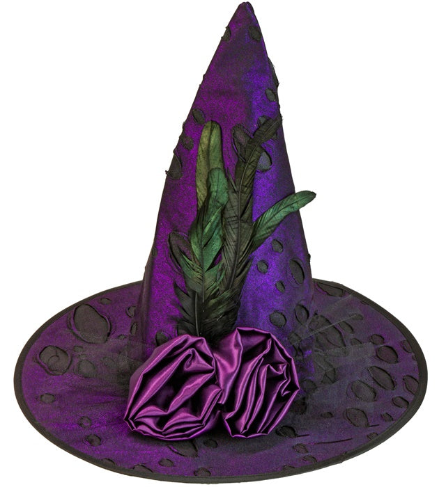 Schwarzer Hexenhut mit bunten Blumen und Federn als Fasnacht- und Halloween-Accessoire