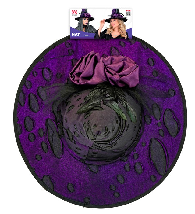 Schwarzer Hexenhut mit bunten Blumen und Federn als Fasnacht- und Halloween-Accessoire