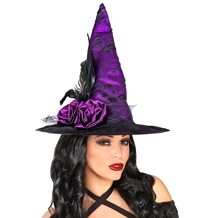 Schwarzer Hexenhut mit bunten Blumen und Federn als Fasnacht- und Halloween-Accessoire