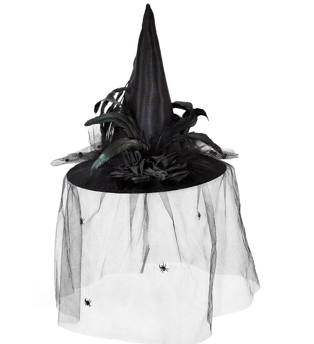Schwarzer Hexenhut mit Tüll, Blumen und Federn als Halloween- und Fasnachtsaccessoire