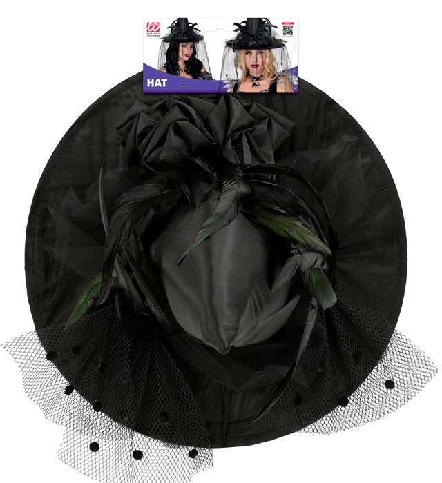 Schwarzer Hexenhut mit Tüll, Blumen und Federn als Halloween- und Fasnachtsaccessoire