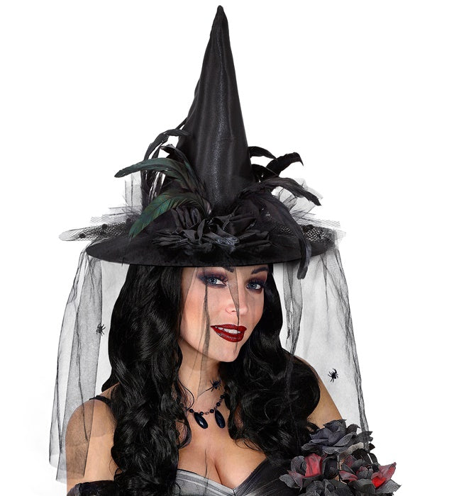 Schwarzer Hexenhut mit Tüll, Blumen und Federn als Halloween- und Fasnachtsaccessoire