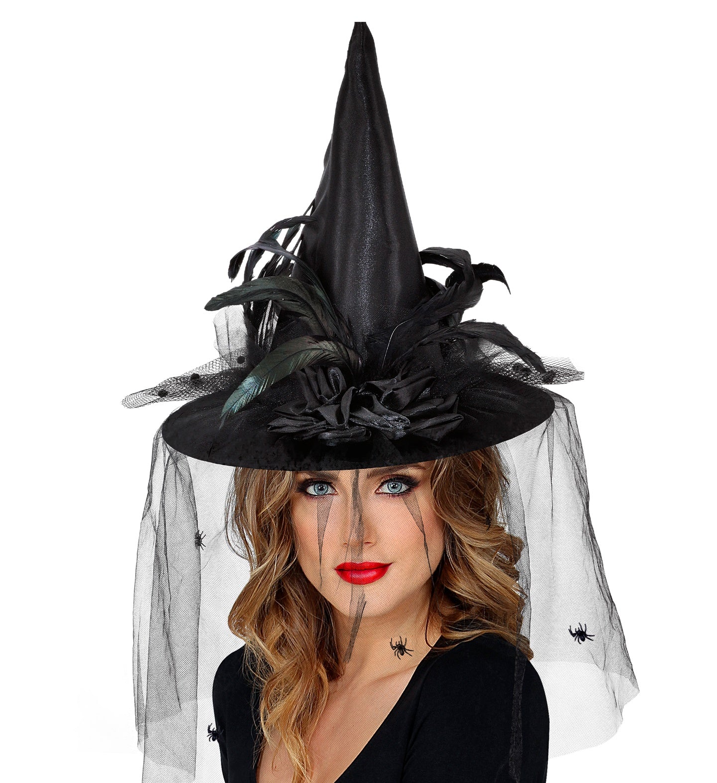 Hexenhut mit Tüll, Blumen und Federn schwarz