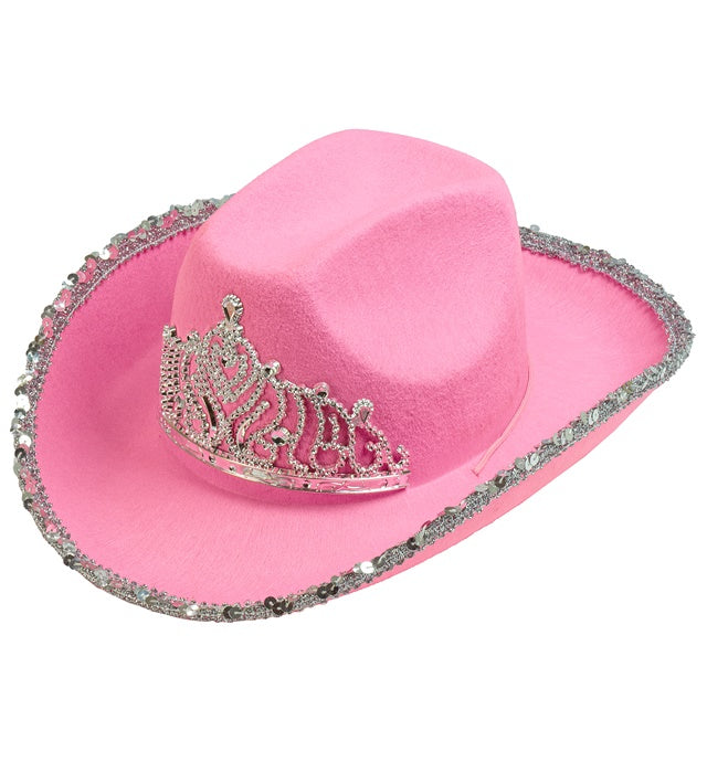 Pinkfarbener Cowgirl-Partyhut mit funkelnder Tiara, perfektes Fasnacht-Accessoire
