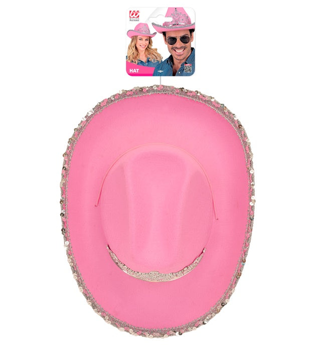 Pinkfarbener Cowgirl-Partyhut mit funkelnder Tiara, perfektes Fasnacht-Accessoire