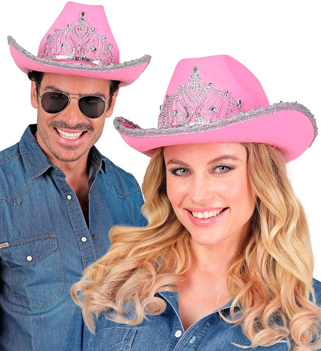 Pinkfarbener Cowgirl-Partyhut mit funkelnder Tiara, perfektes Fasnacht-Accessoire