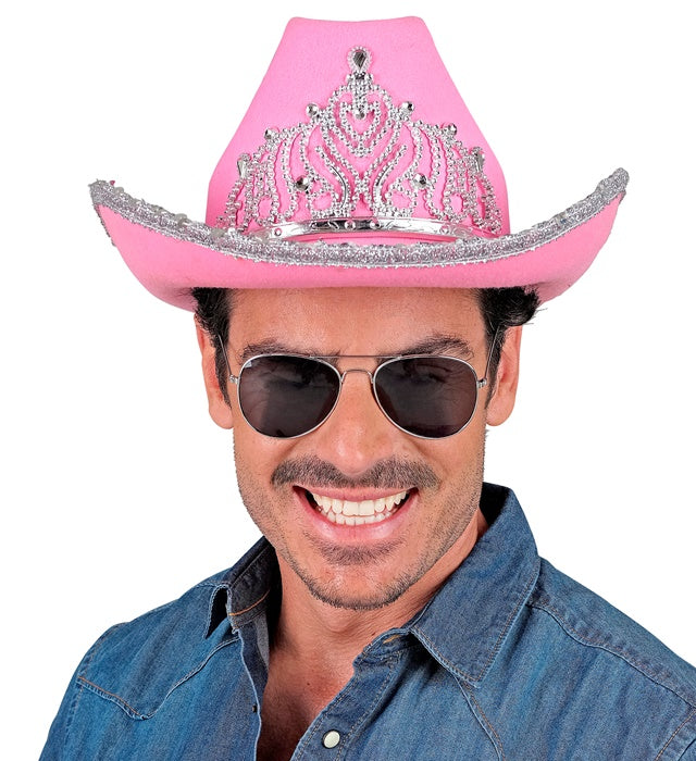 Pinkfarbener Cowgirl-Partyhut mit funkelnder Tiara, perfektes Fasnacht-Accessoire