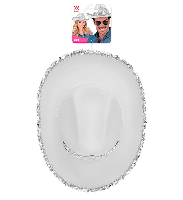 Weisser Cowgirl Partyhut mit funkelnder Tiara auf neutralem Hintergrund
