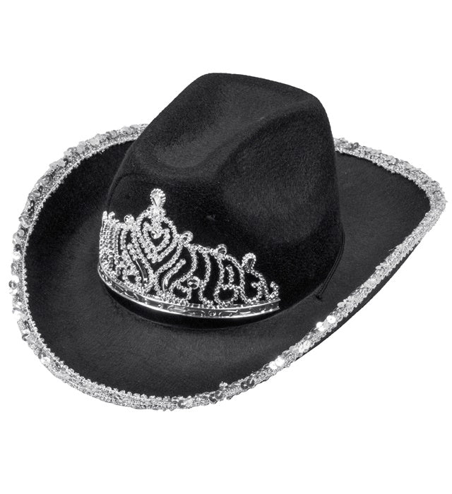 Schwarzer Cowgirl Partyhut mit funkelnder Tiara auf hellem Hintergrund