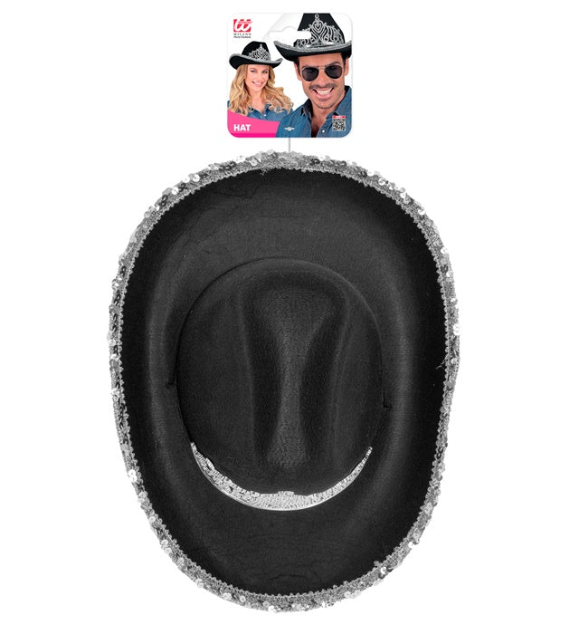 Schwarzer Cowgirl Partyhut mit funkelnder Tiara auf hellem Hintergrund