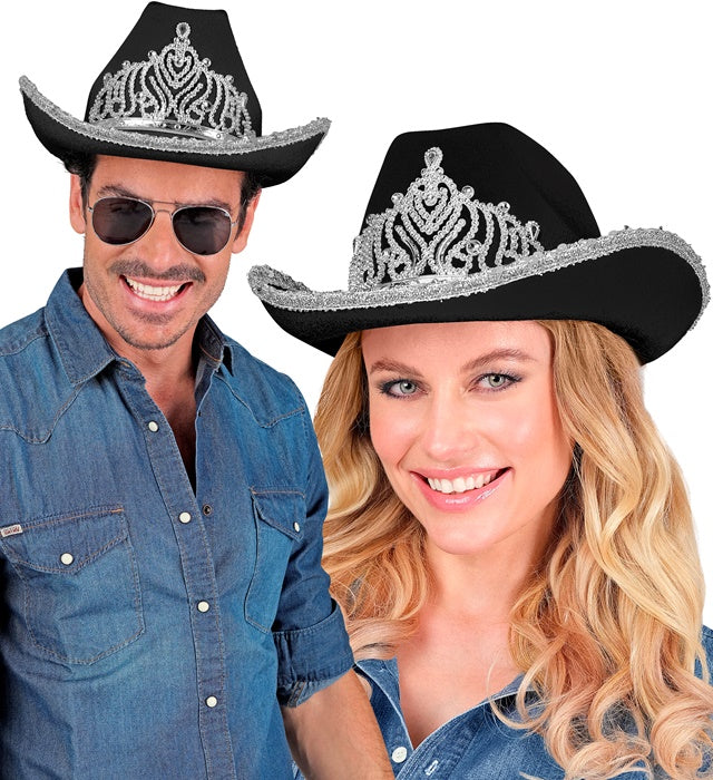 Schwarzer Cowgirl Partyhut mit funkelnder Tiara auf hellem Hintergrund