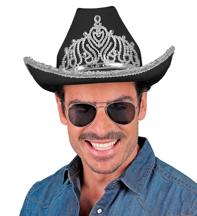 Schwarzer Cowgirl Partyhut mit funkelnder Tiara auf hellem Hintergrund