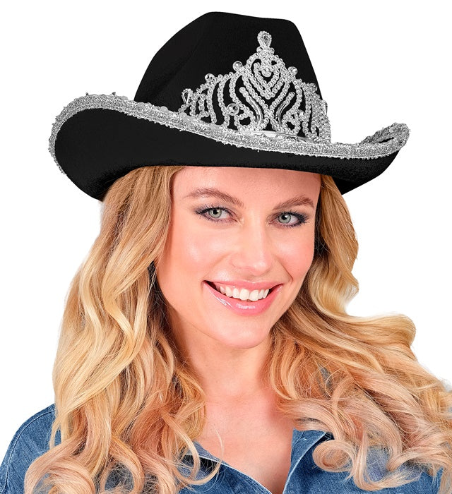 Schwarzer Cowgirl Partyhut mit funkelnder Tiara auf hellem Hintergrund