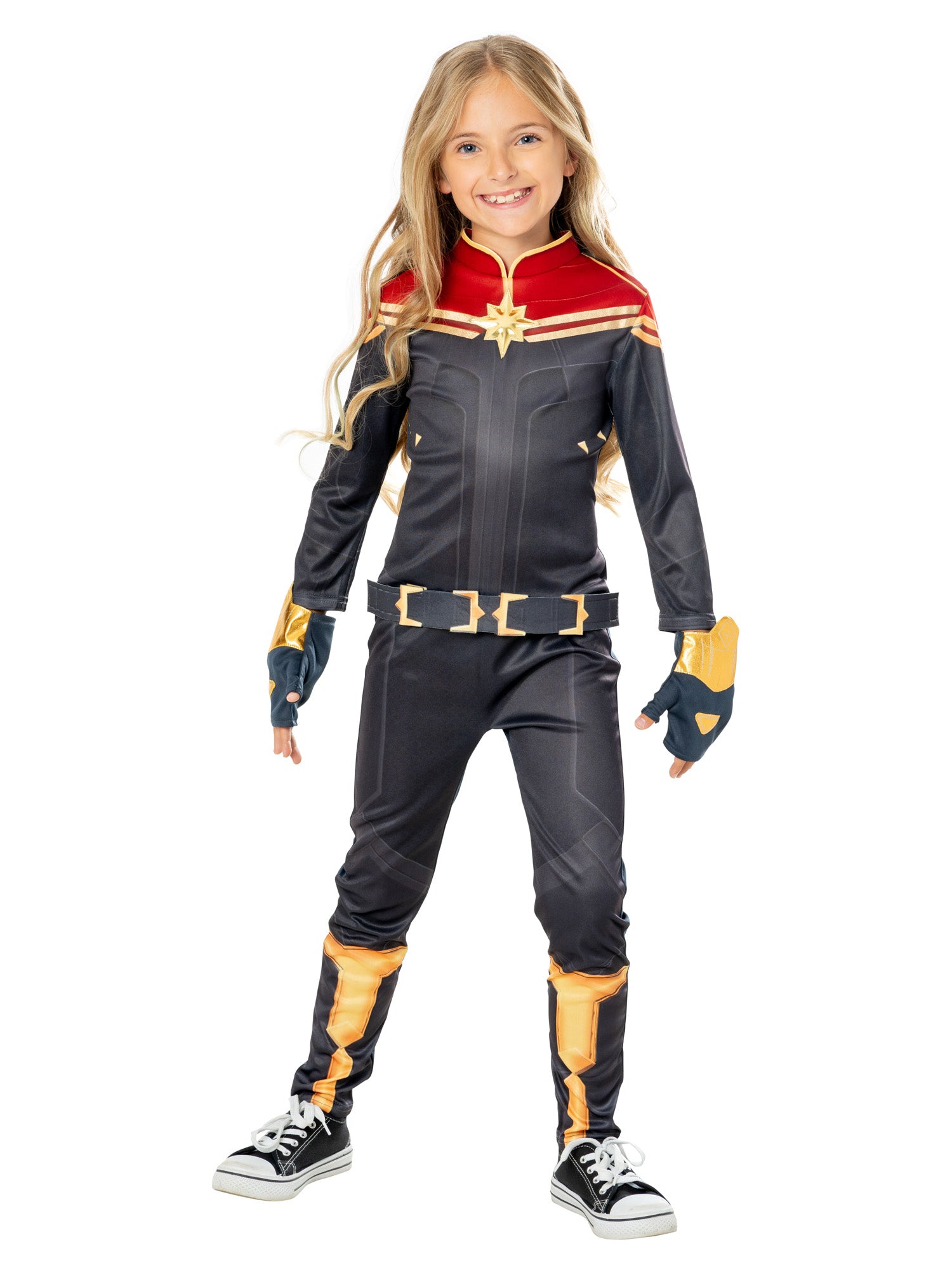 Rubies Captain Marvel Kinderkostüm für Mädchen mit Overall und Handschuhen – Produktansicht