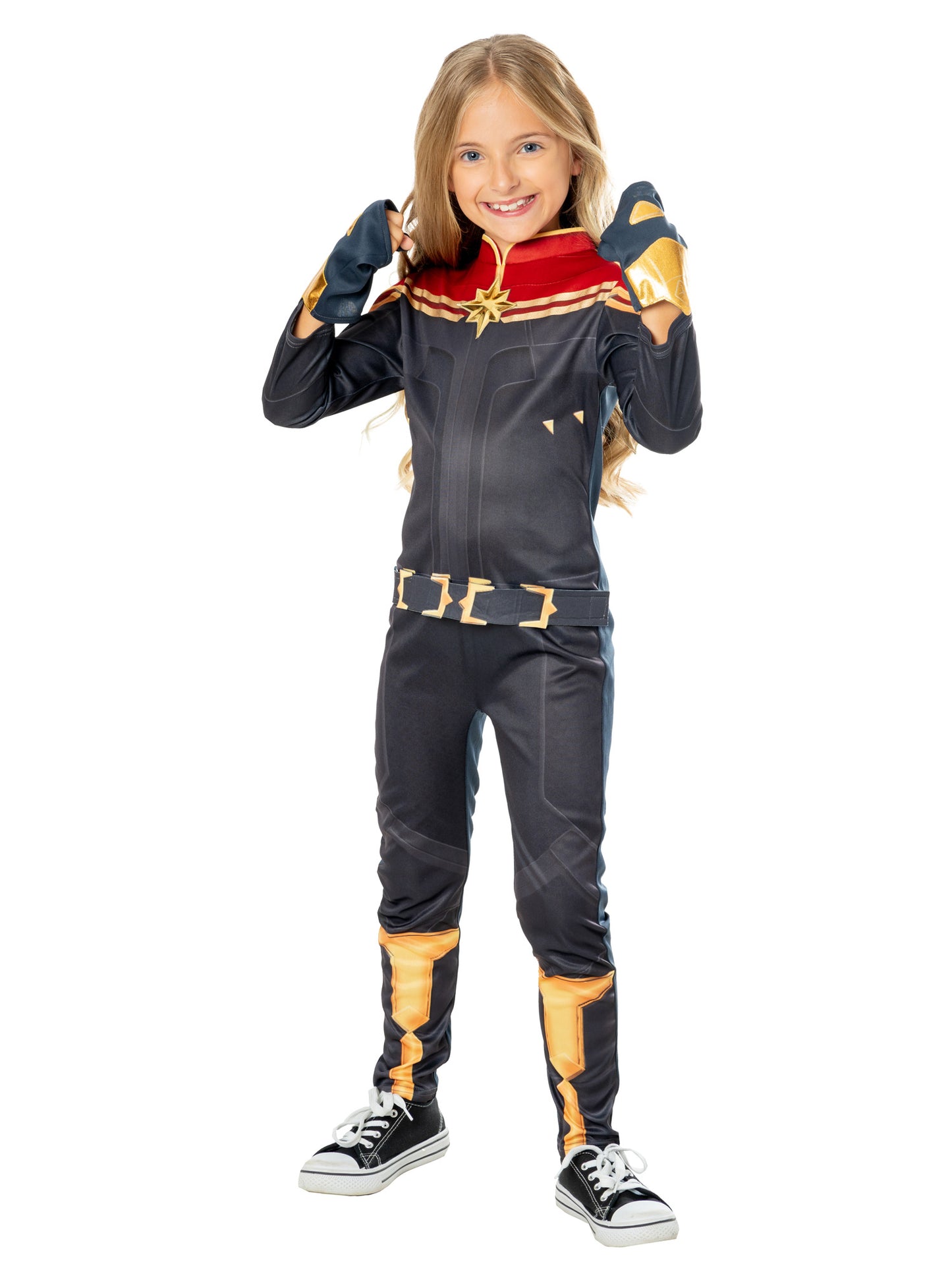 Rubies Captain Marvel Kinderkostüm für Mädchen mit Overall und Handschuhen – Seitenansicht