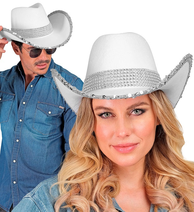 Weisser Cowgirl Partyhut aus klassischem Material für Fasnacht und Karneval