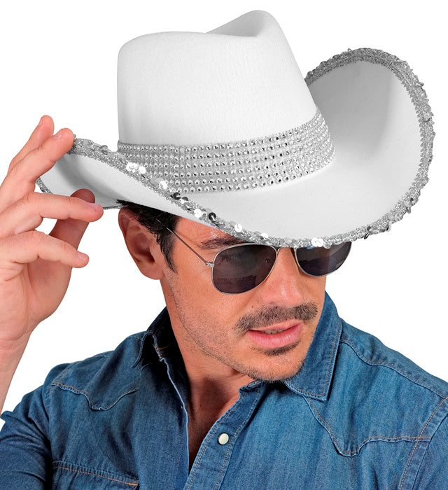 Weisser Cowgirl Partyhut aus klassischem Material für Fasnacht und Karneval