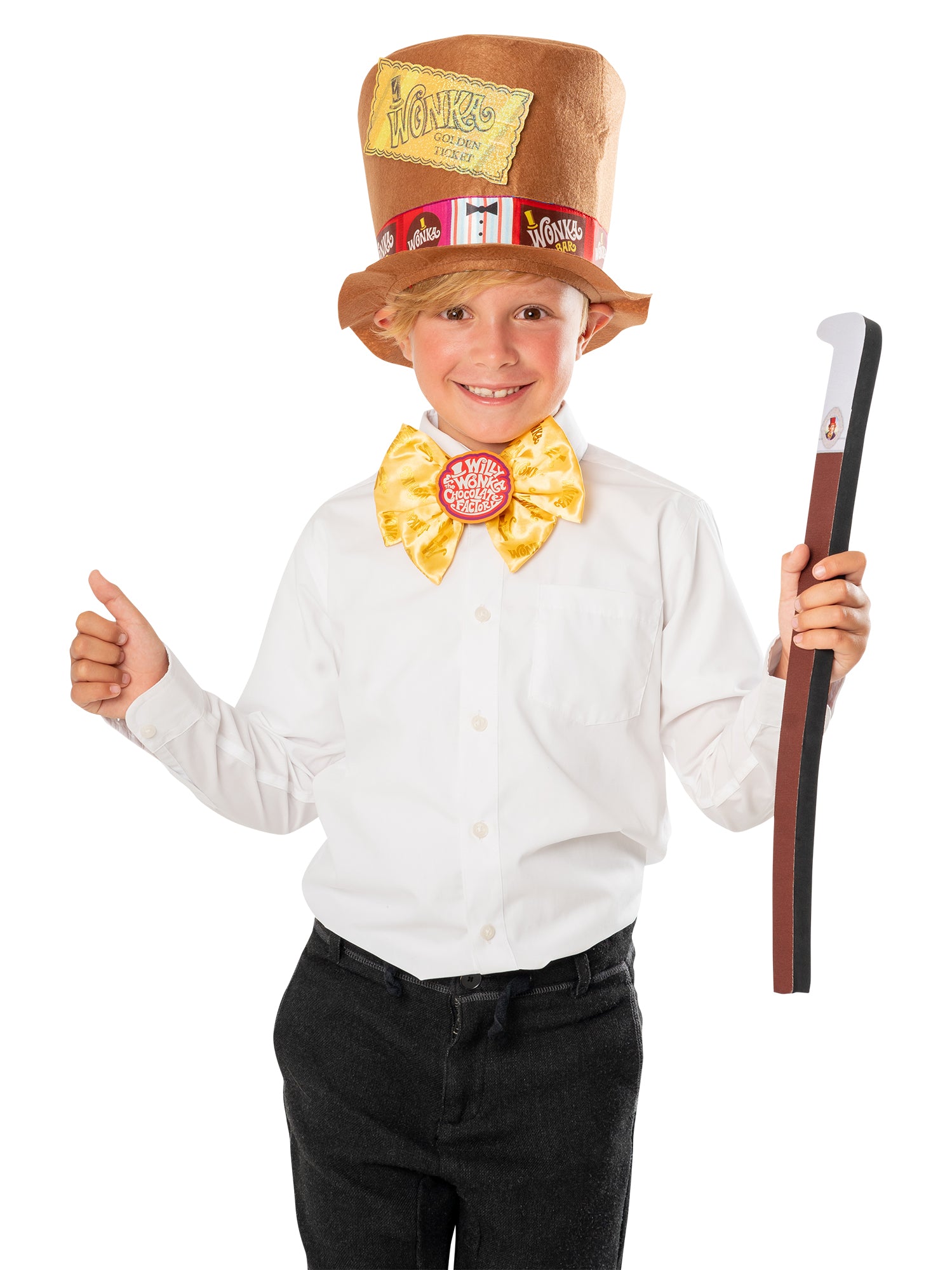 Rubies Willy Wonka Kostümset mit Hut, Stock, Fliege und goldenem Ticket – Produktansicht