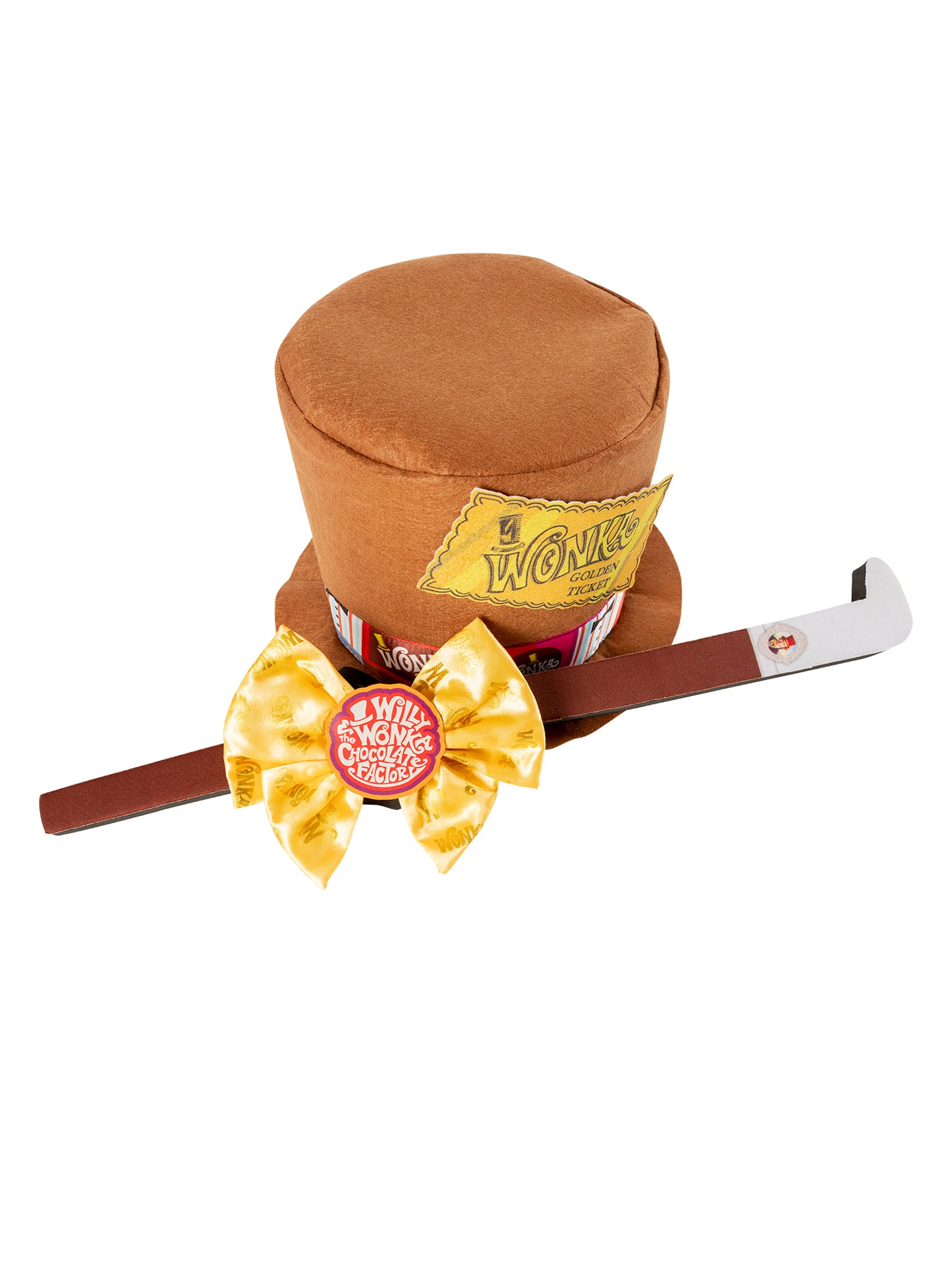 Rubies Willy Wonka Kostümset mit Hut, Stock, Fliege und goldenem Ticket – Detailansicht