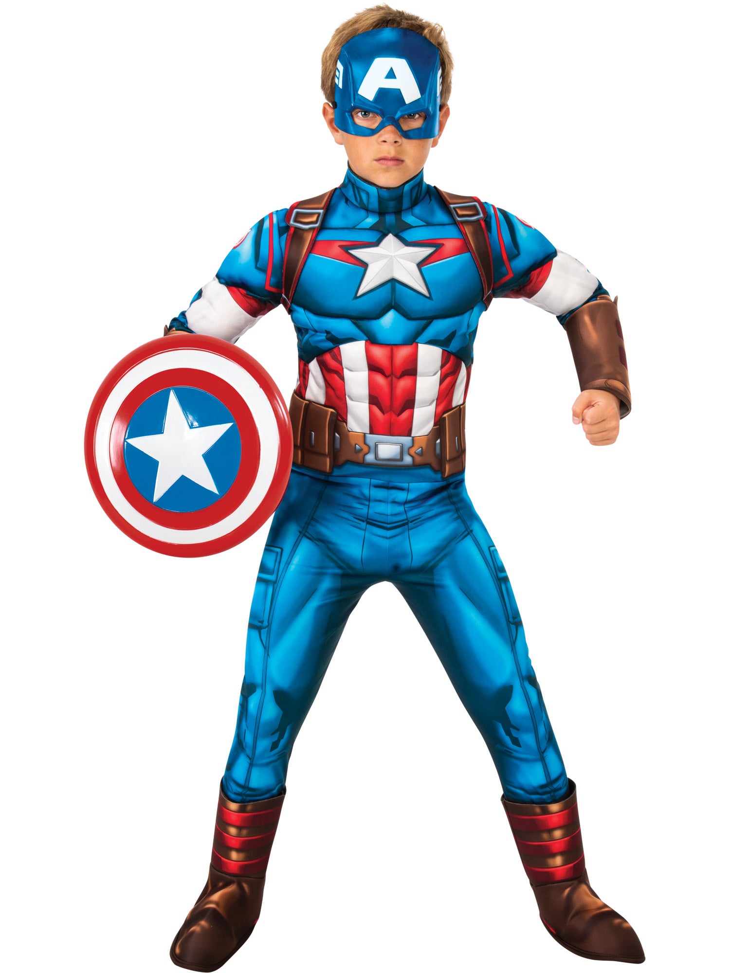 Captain America Deluxe Kinderkostüm für Jungen von Rubies mit Overall, Stiefelüberzügen und Maske – Detailansicht