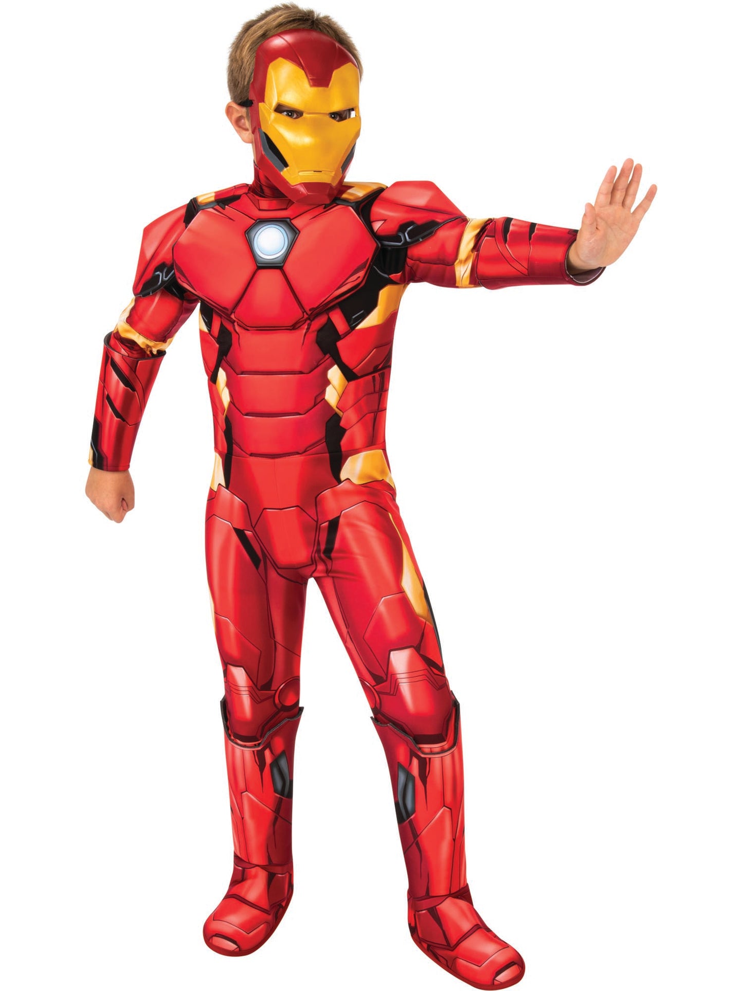 Rubies Iron Man Deluxe Kinderkostüm mit Overall, Stiefelüberziehern und Maske – Detailansicht