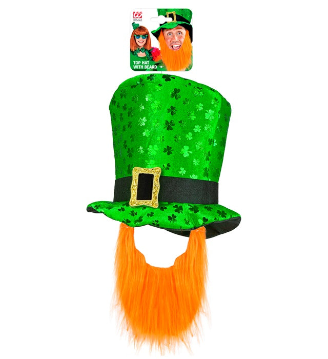 Grüner St. Patrick's Day Zylinder mit Bart, 23 cm hoch