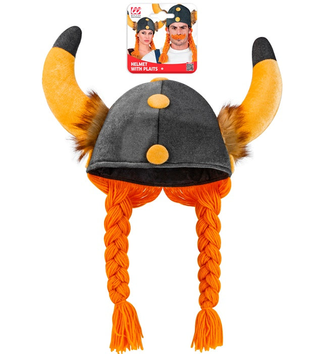 Wikingerhelm mit Hörnern und geflochtenen Zöpfen für Fasnacht