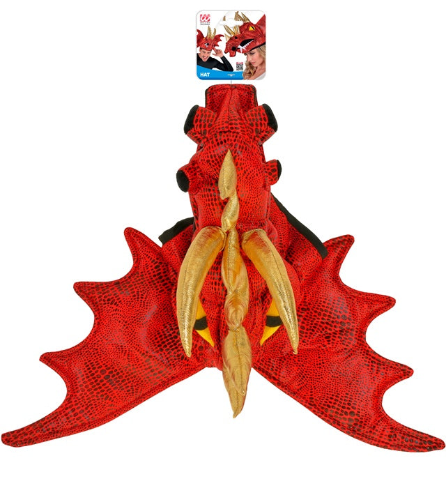 Rote Drachenmütze mit detailreichem Drachenmotiv auf Fasnacht