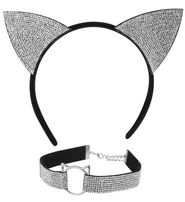 Katzenohren und Halsband aus Samt mit funkelndem Strass für Fasnachtkostüm