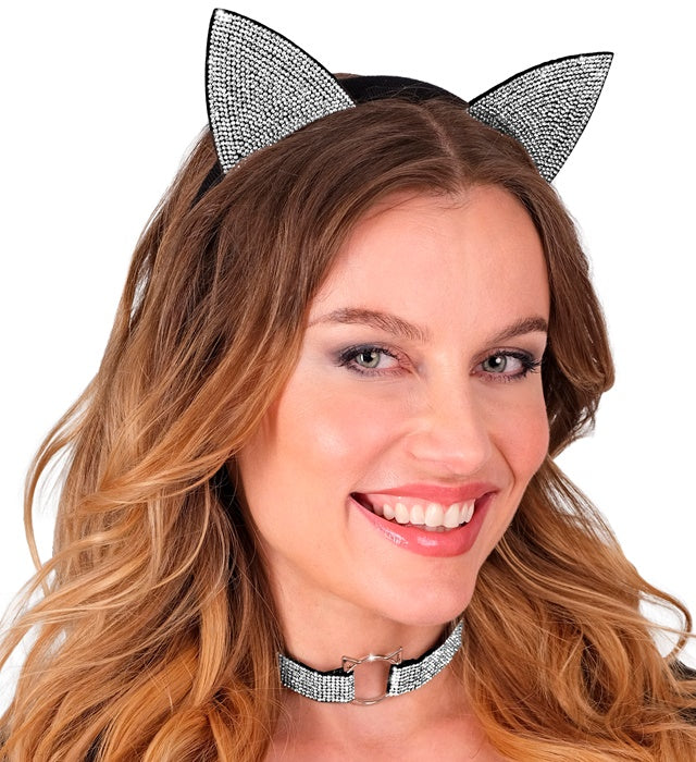 Katzenohren und Halsband aus Samt mit funkelndem Strass für Fasnachtkostüm