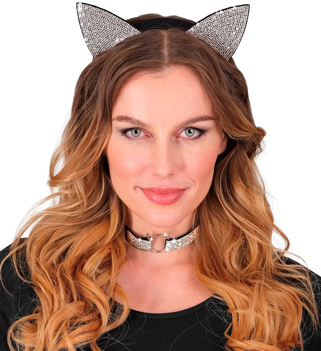 Katzenohren und Halsband aus Samt mit funkelndem Strass für Fasnachtkostüm