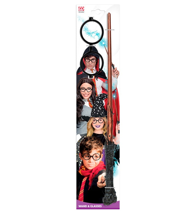 Zauberlehrling Kinderkostüm mit Zauberstab und Brille für Fasnacht