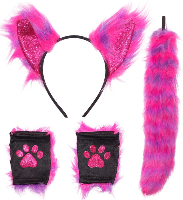 Neon Katze Kostümset mit leuchtenden Ohren, Schwanz und Handschuhen auf schwarzem Hintergrund