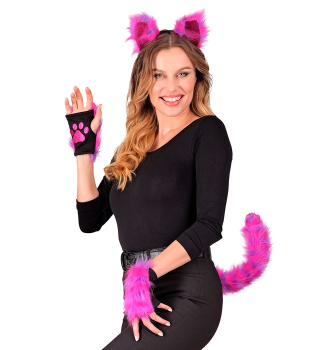 Neon Katze Kostümset mit leuchtenden Ohren, Schwanz und Handschuhen auf schwarzem Hintergrund