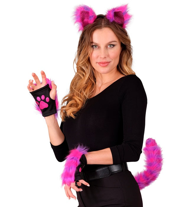 Neon Katze Kostümset mit leuchtenden Ohren, Schwanz und Handschuhen auf schwarzem Hintergrund