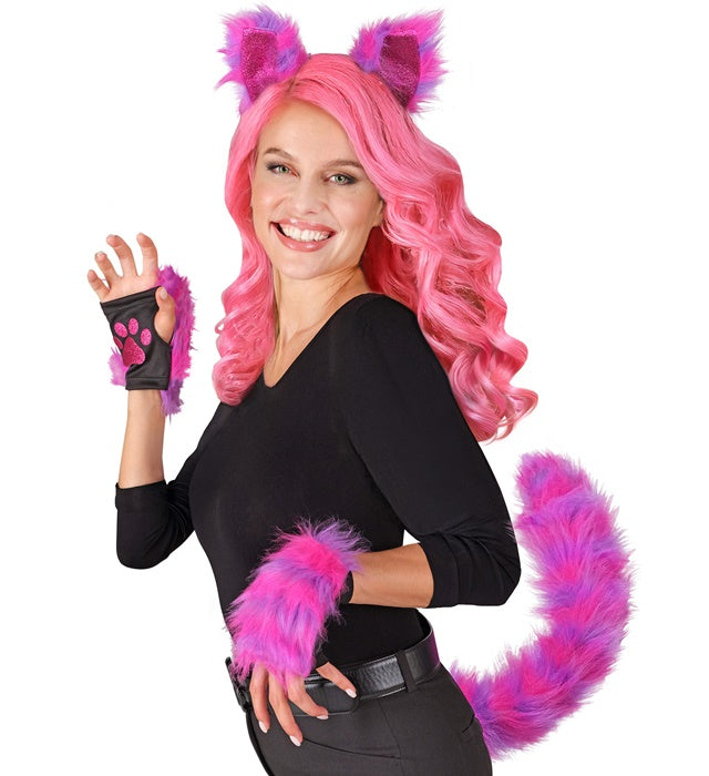 Neon Katze Kostümset mit leuchtenden Ohren, Schwanz und Handschuhen auf schwarzem Hintergrund