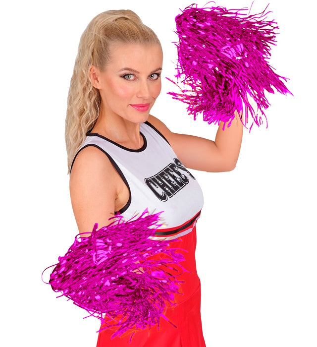 Set aus zwei metallic pinken Pompoms als Dekoration für Fasnacht und Mottoparty
